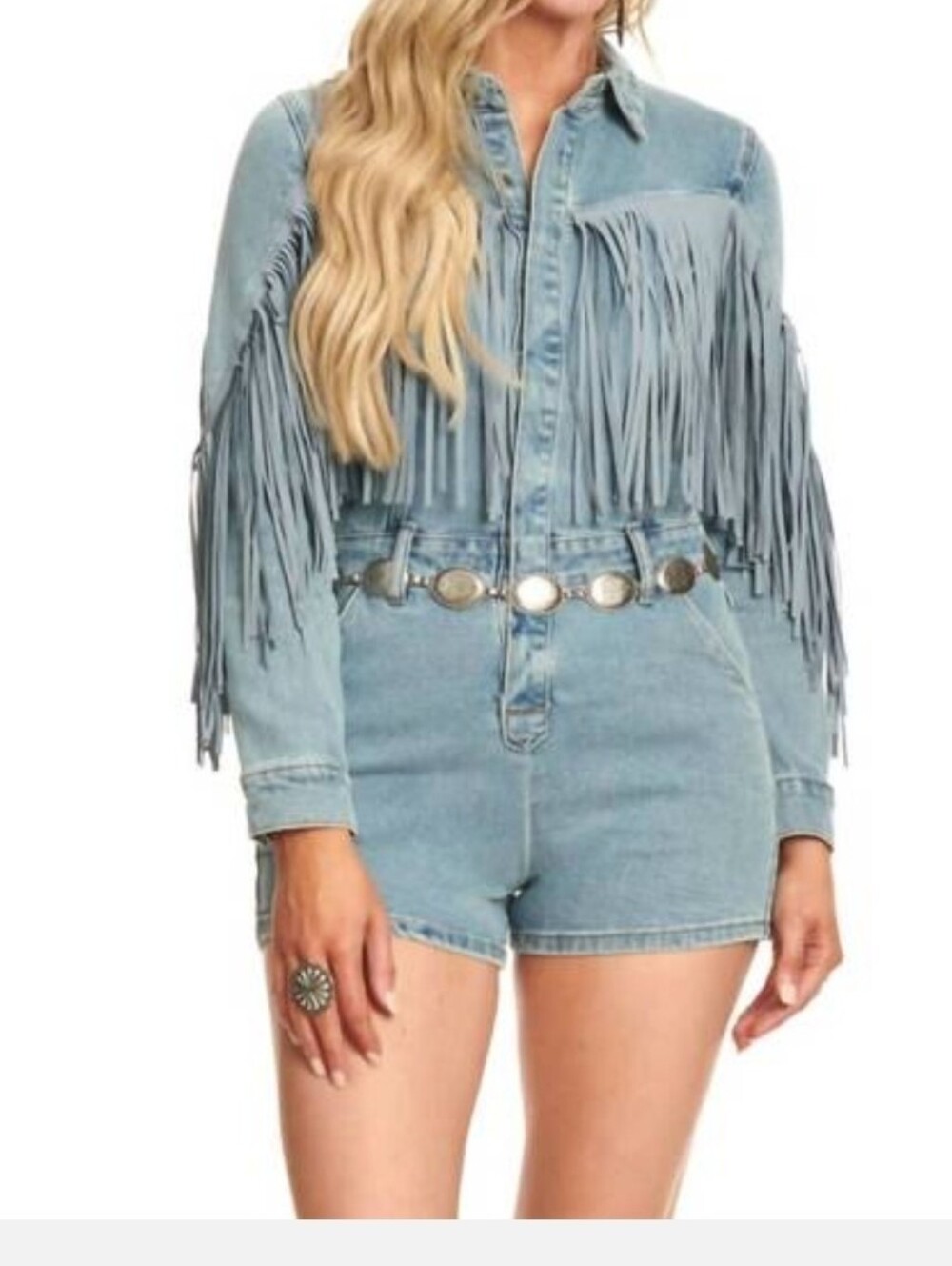 Rock & Roll Denim Fringe Romper Light Wash Western Cowgirl Rodeo Size L